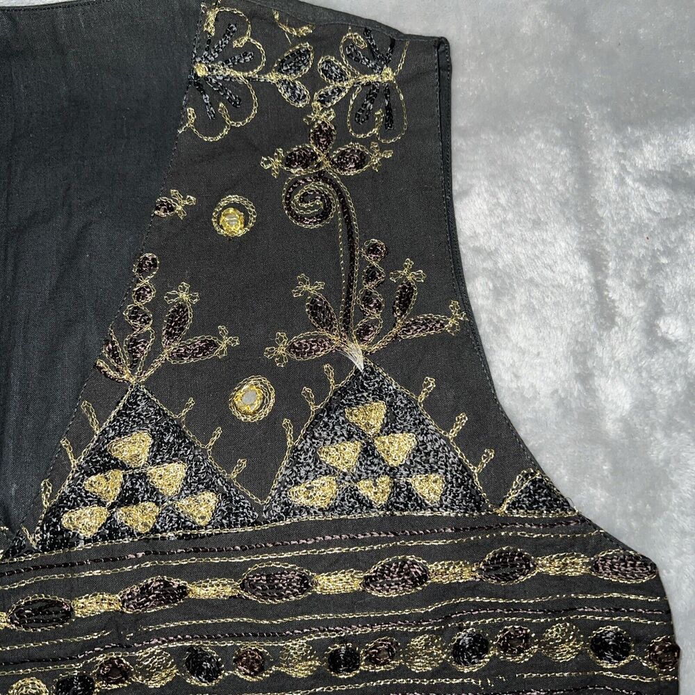 Jou Jou Vintage Womens M Vest Embellish Pockets Gold Metallic Thread Buckle Back - Picture 5 of 13